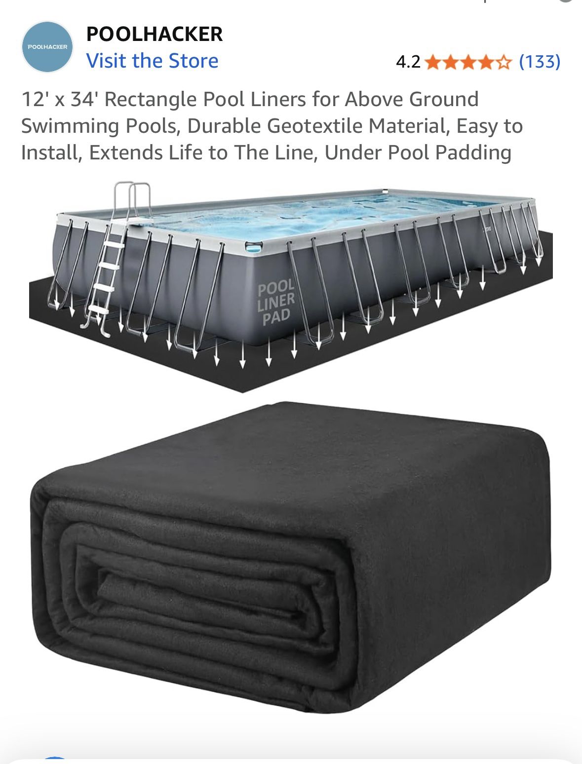 Poolhacker 12x34 Rectangle Pool Liner For Above Ground Pools Durable Geotextile Material NEW IN BOX 
