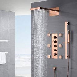 22'' Rose Gold 4 Way Thermostatic Shower Faucet Waterfall & Rain Massage Body Jet Spray and sliding bar