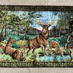 Vintage 1970s Tapestry Deer Forest Scene Rug 5.5 Feet X 4 Feet