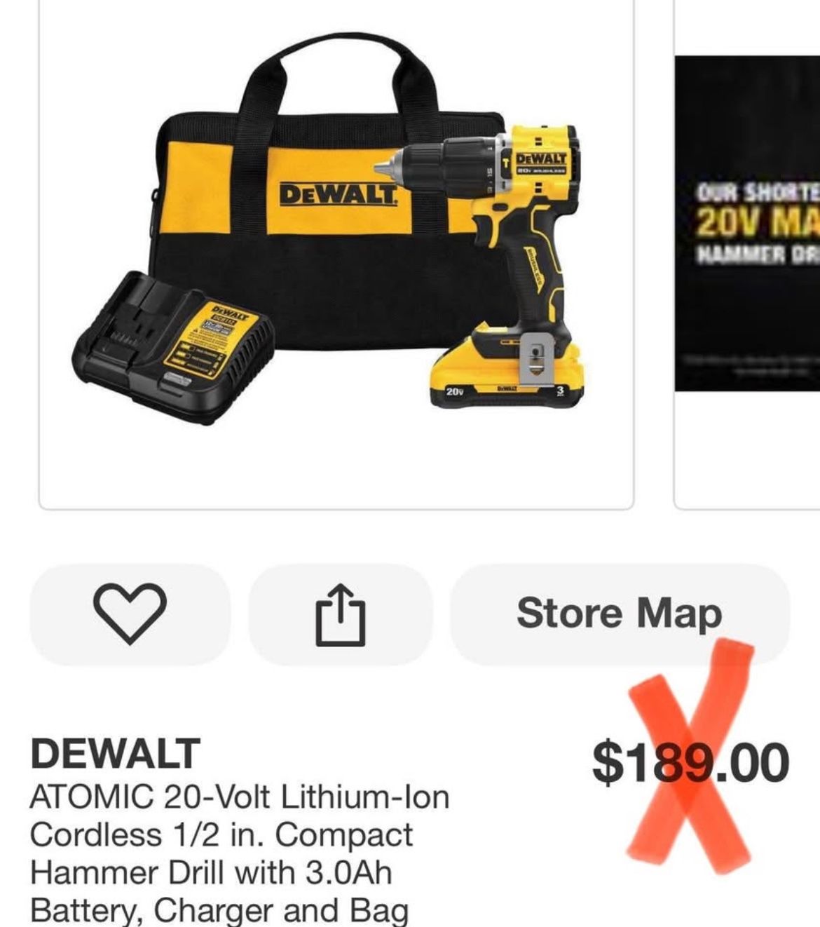 DEWALT ATOMIC 20-Volt Lithium-lon Cordless 1/2 in. Compact Hammer Drill with 3.0Ah Battery, Charger and Bag