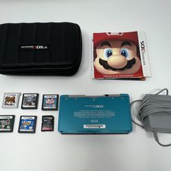 Nintendo 3DS Aqua Blue Handheld System - Excellent + 6 games, bag, charger.