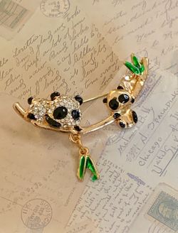 Cute Koala Rhinestone Brooch Pin with Green Bamboo Dangle