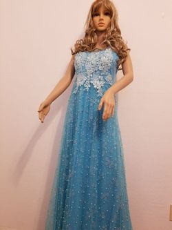 Blue and gray floral illusion-neck maxi dress