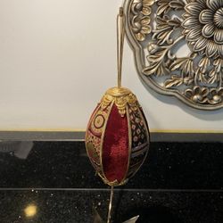 Vintage Handmade Fabric Christmas Ornament Egg in Royal Burgundy & Gold Colors