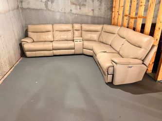 Beige Leather Sectional Sofa – Seats 6 with Power Recliners
