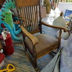 Vintage Leather Spring Seat Solid Wood Rocking Chair 