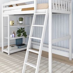 Twin Loft Bed With Bookcase. Solid Wood. White Finish.