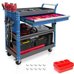 Tool Cart,440LBS Service Cart,4-Tier Tool Cart with Drawers,Hooks,Parts Box and Locking System for Warehouse,Garage,Workshop