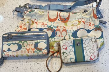 Coach Signature Butterfly Hobo Bag, Coach Chelsea Heritage Strip Wristlet, & Coach Optic Signature Butterfly Long Accordion Zip Wallet Wristlet