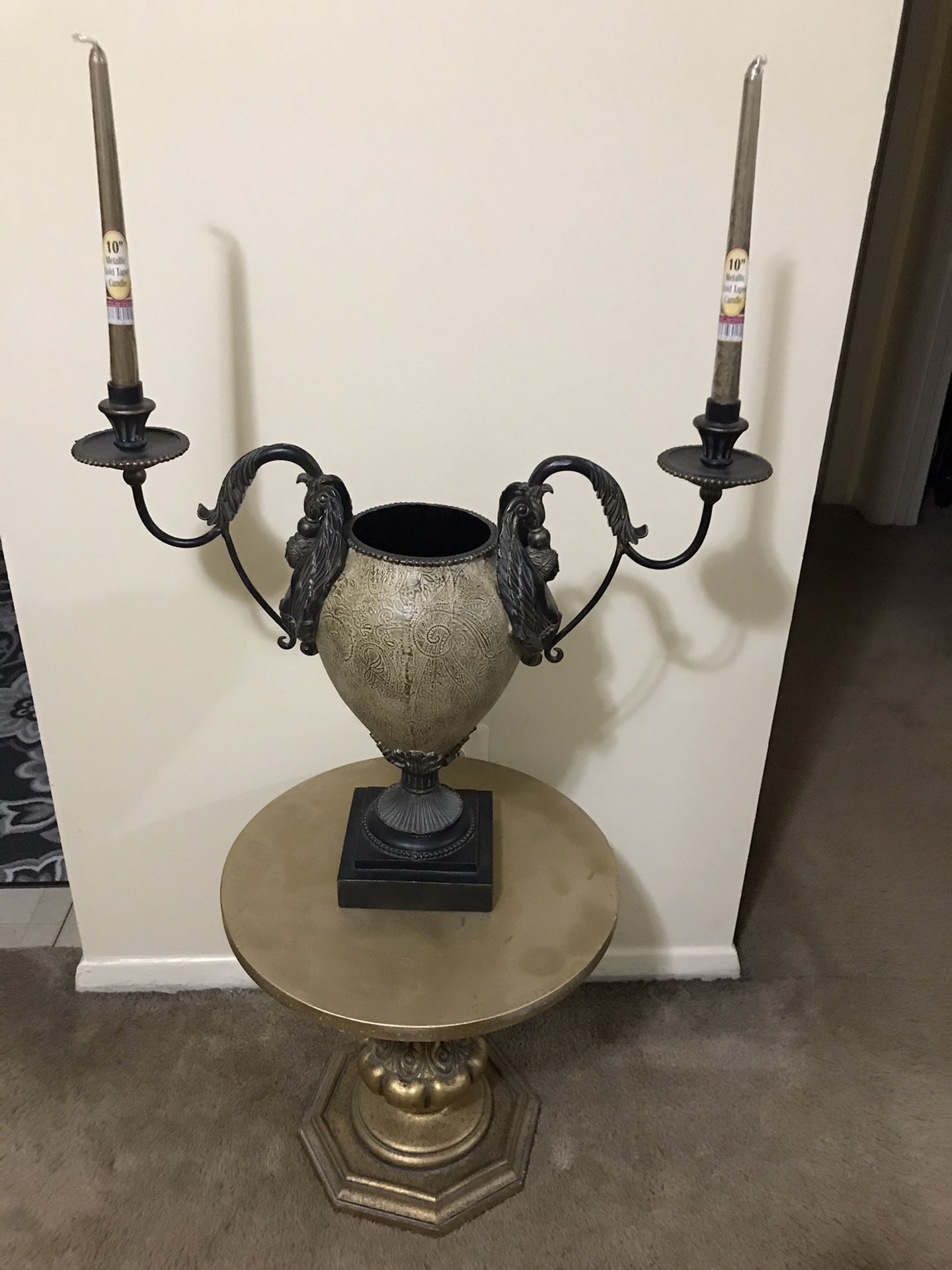 Still available one of the kind luxuries 20” carved metal vase candle holder with 16” stand pick up Gaithersburg md20877