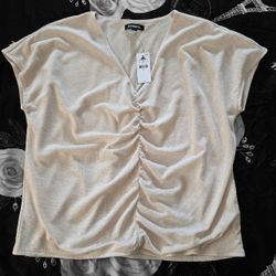 Express Relaxed V-Neck Ruched Blouse Size Small Tan New