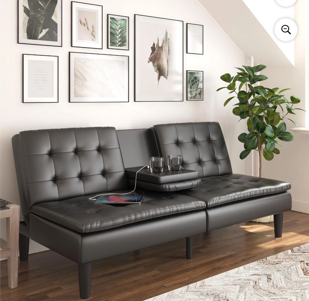 Mainstays Memory Foam 71.5" Futon with Cupholder and USB, Black Faux Leather