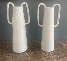 Tall White Ceramic Glazed Vases - Pair