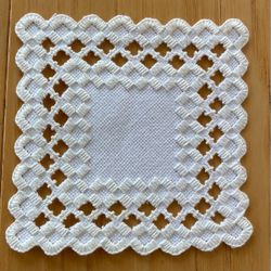 4 square lace doilie coasters, new, 4”X4”. Buy all 4 for $20.00.