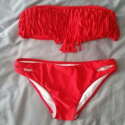 red bandeau fringe 2 piece bikini