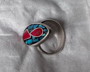 Vintage sterling silver inlay turquoise and coral Native American ring