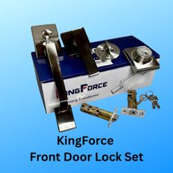 New, KingForce Front Door Lock Set with Handle, featuring a single cylinder deadbolt, easy installation, reversible lever, and durable handleset