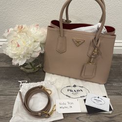 Prada  Small Saffiano Cuir Leather Double Bag (Powder Pink/Red)
