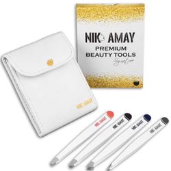 NikAmay - Juego de pinzas para cejas (4 piezas, acero inoxidable, punta inclinada y puntiaguda), gran precisión para cabello facial, cabello encarnado