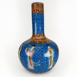 Large Chinese Antique Blue Famille Rose Porcelain Vase Hand Painted W Musicians