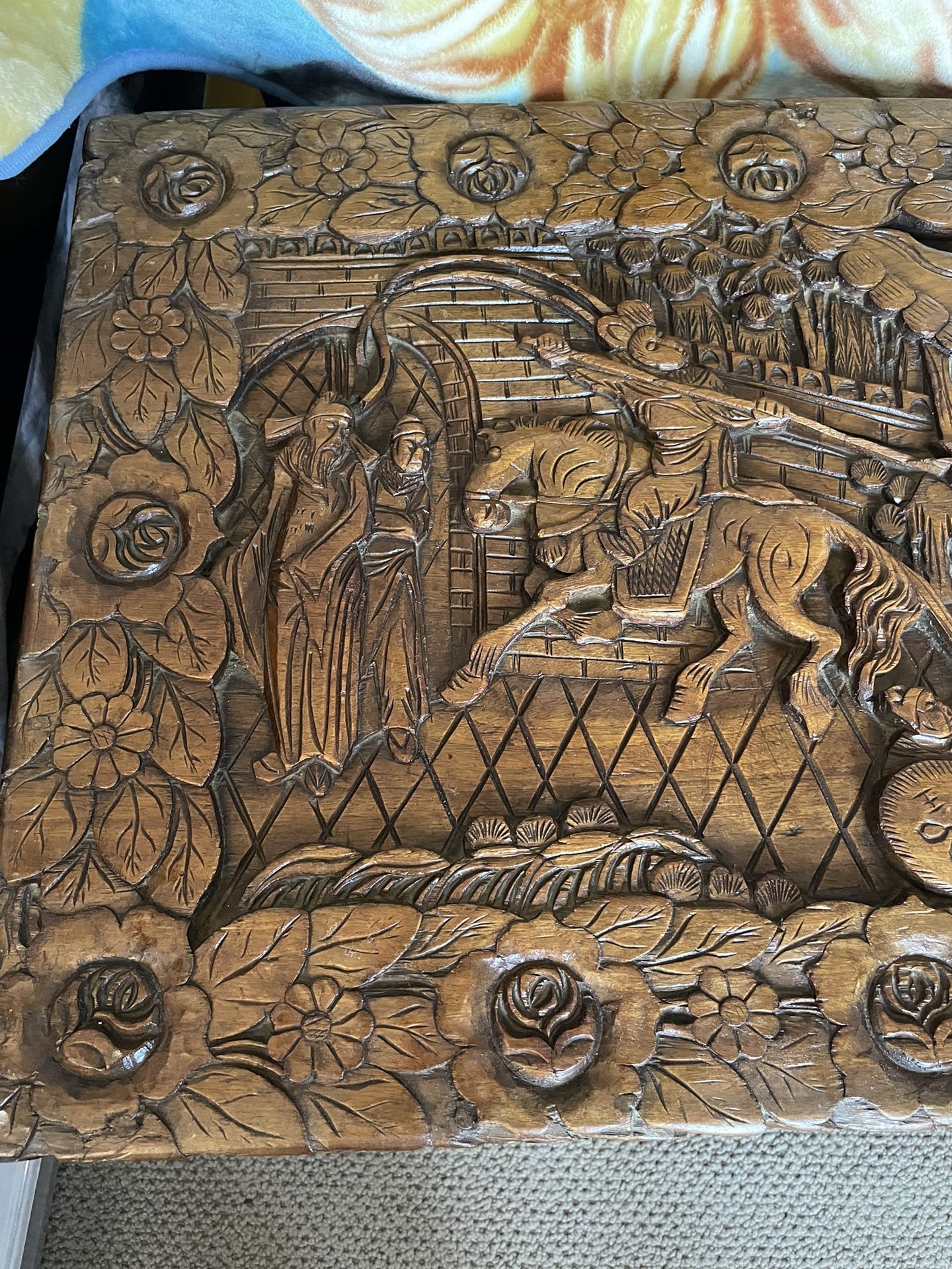 Vintage Chinese Carved Camphor Wood Hope Chest with Glass Cover 40x20x20