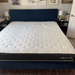 King size platform velvet upholstered bed with mattress