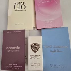 Perfume sample and mini bundle, including dolce & gabbana devotion, dolce & gabbana light blue, kylie Jenner cosmic, Ariana grande cherry eclipse