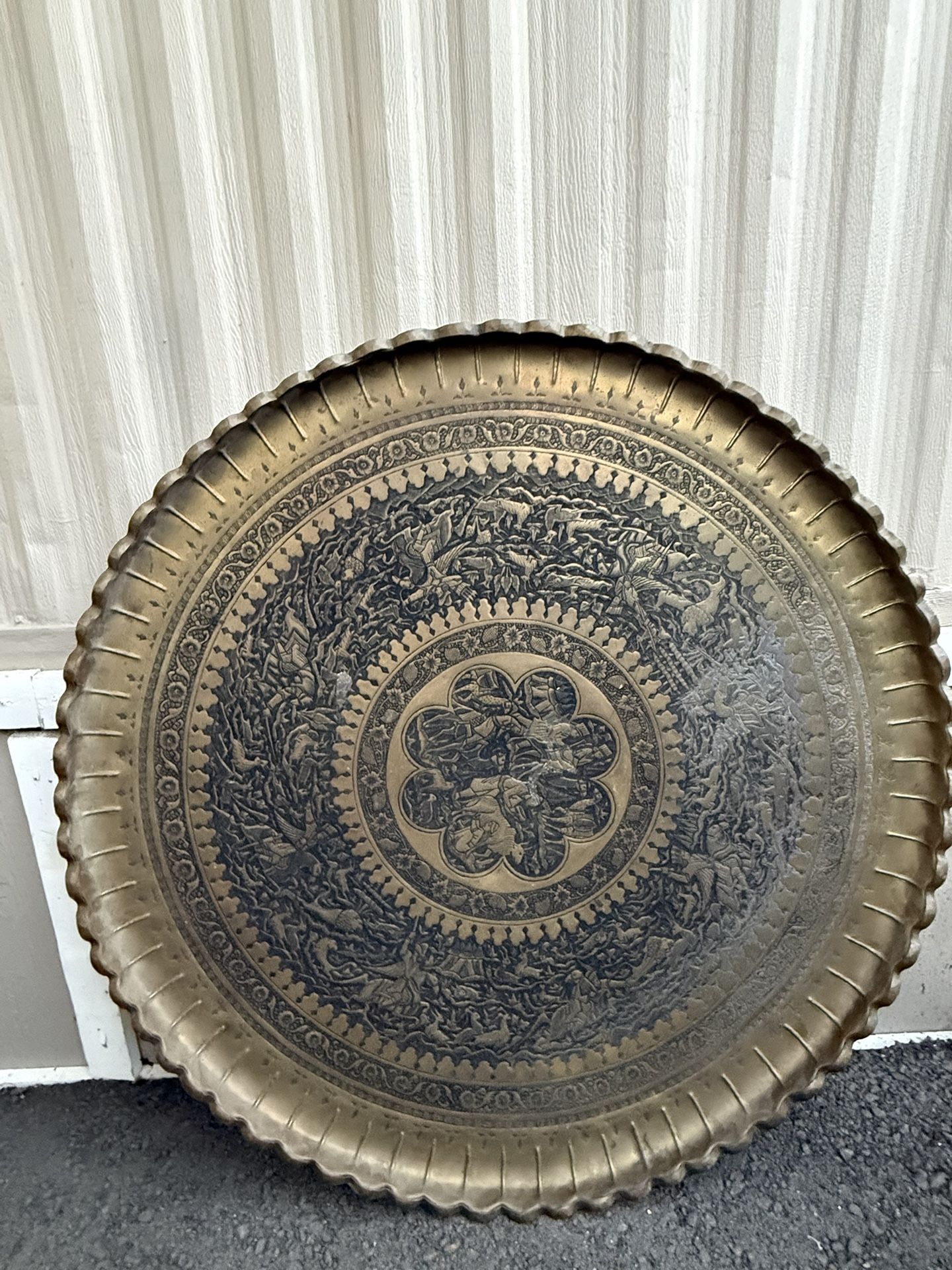 Vintage Middle Eastern Brass Round Tray For Table