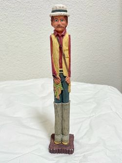 Vintage 1993 Wang's International Skinny Fisherman Figurine 9" Faux Wood Resin