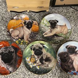 5 Plate Set Simon Mendez, Pugs, the Danbury Mint Limited Edition #E3475 23kt Gold Rim
