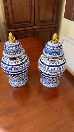 Blue and White Ceramic Ginger Jar Set of 2