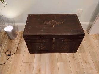 Antique Dark Wood Trunk with Inlay Details
