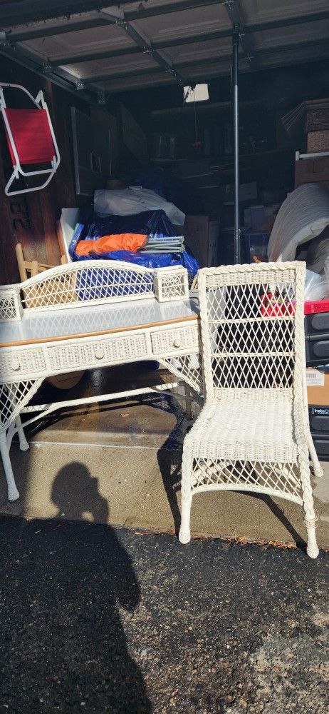 Vintage White Rattan Desk And Chair