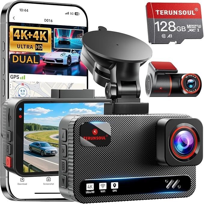 4K+4K Dash Cam Front and Rear, Free 128GB Card Included, 5.8GHz WiFi Dash Camera for Cars, Built-in GPS, G-Sensor, 170°Wide Angle, 3" IPS Screen, 24H 
