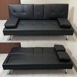 (New) $155 Futon Folding Sofa Bed 65x30x31” PU Leather w/ Cup Holder 