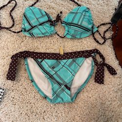 Teal Turquoise Brown White Swimsuit Bikini Small side Tie 