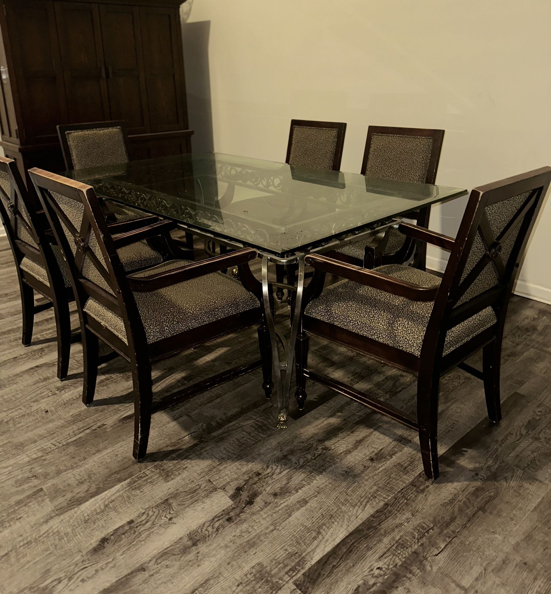 6’ Glass And Wrought Iron Table And Six Chairs