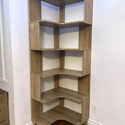 Like New Nordik 6-Tier Natural Oak Modern Mid Century Corner Bookcase, 71.5" Extra Tall Shelf w/ Storage, Multifunctional Freestanding Bookshelf