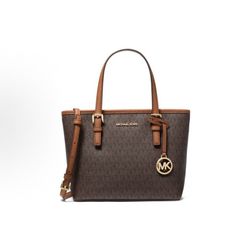 MICHAEL KORS MK Jet Set Acorn Brown Leather Tote Bag, Mini, Adjustable Strap