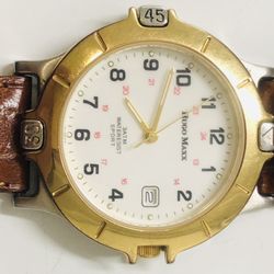 Beautiful Vintage Hugo Max 18k Gold Plate Genuine Leather Authentic Eurodesign 