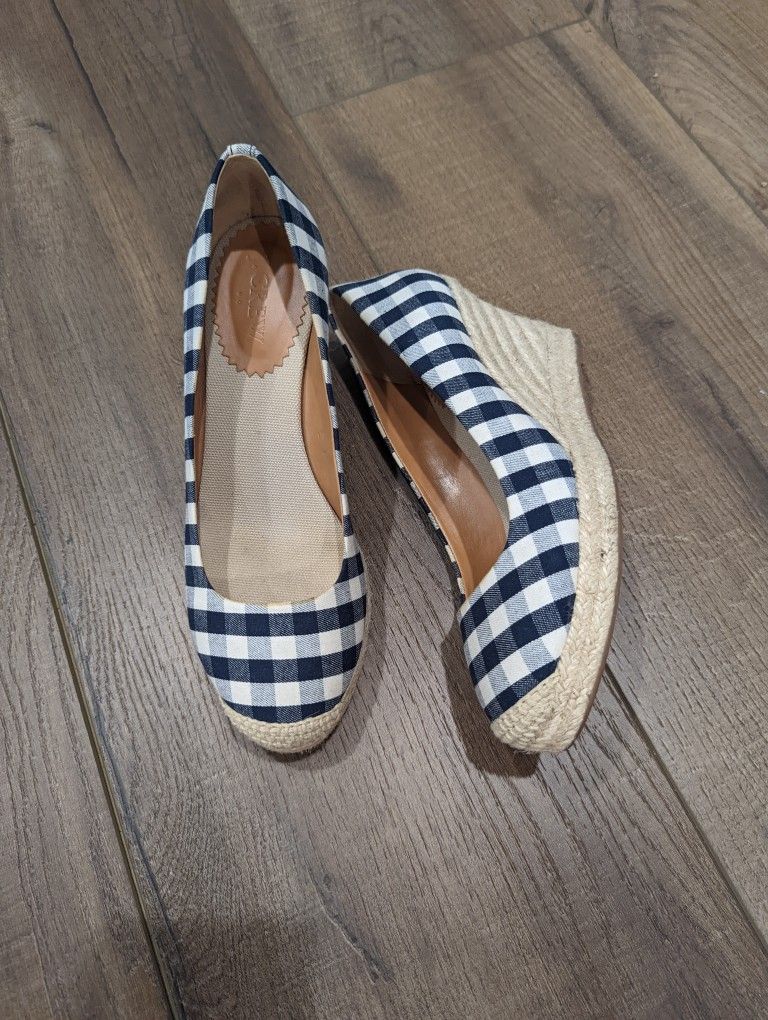 J.Crew Navy Gingham Wedge Sz 7