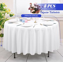 New White 8-Pack 90'' Round Tablecloth Waterproof All-Occasion Table Covers