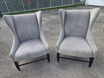 Pair of Modern Grey Suede Wingback Accent Chairs – Black Wooden Legs