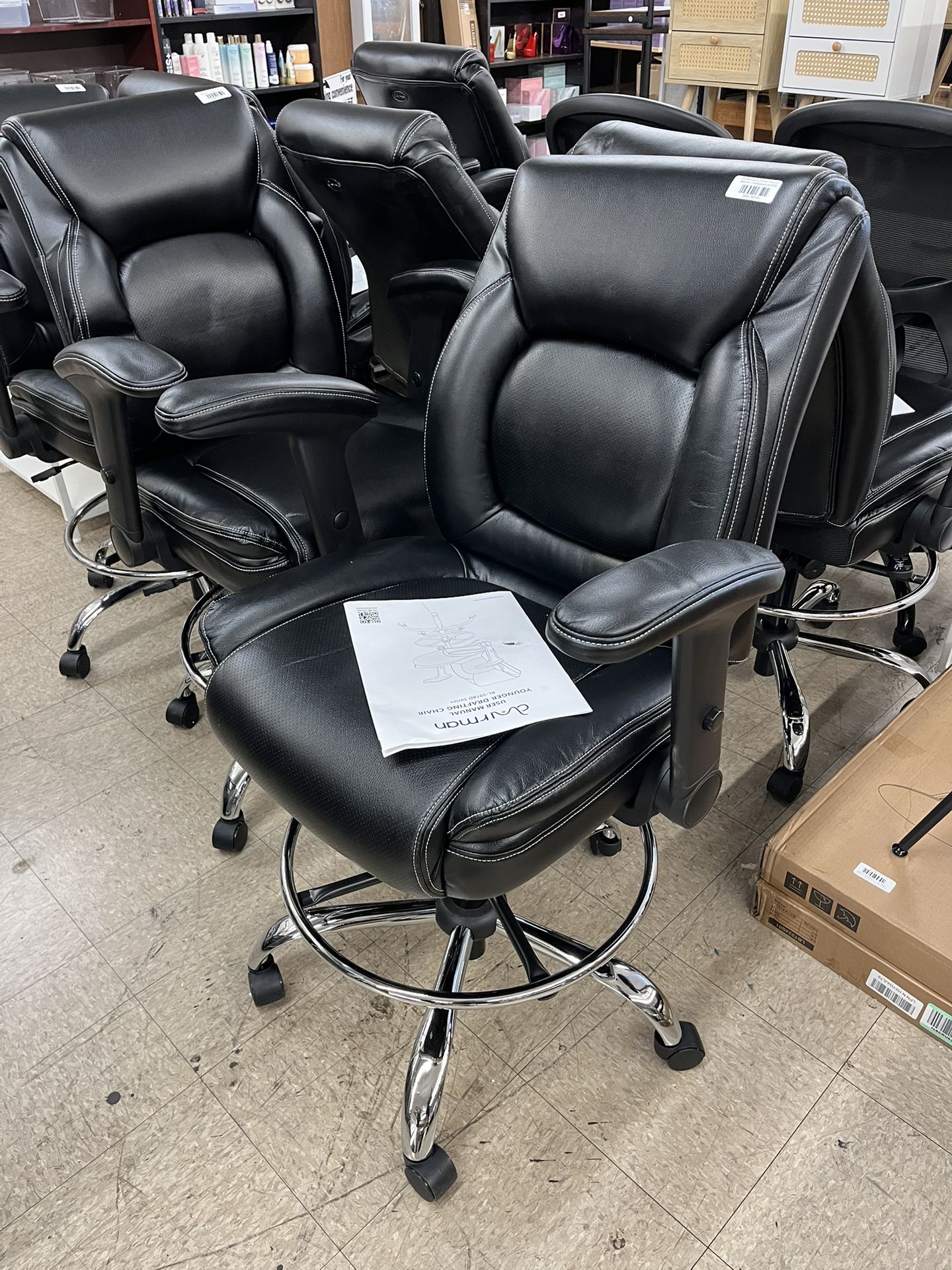 CHAIRMAN Ergonomic Mid-Back Premium Faux Leather Adjustable Drafting Chair w/ Multi-Function Arms & Foot Ring - Black