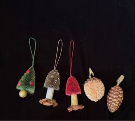 Rustic Christmas Tree & Mushroom Ornaments – Set of 5