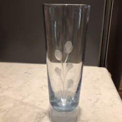 Vintage Etched Glass Bud Vase. 8” Tall with a light blue hue