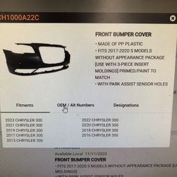 CH1000A22C 16-23 Chrysler 300 Front Bumper W/sensor Paint Code PAR