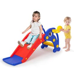 3-in-1 Toddler Slide, Baby Slide Playset with Basketball Hoop for Indoor and Outdoor, Red and Blue