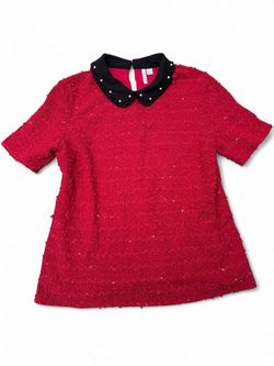 ✨RARE ELLE RED TOP RED SEQUIN KNIT PEPLUM COLLAR PEARLS✨