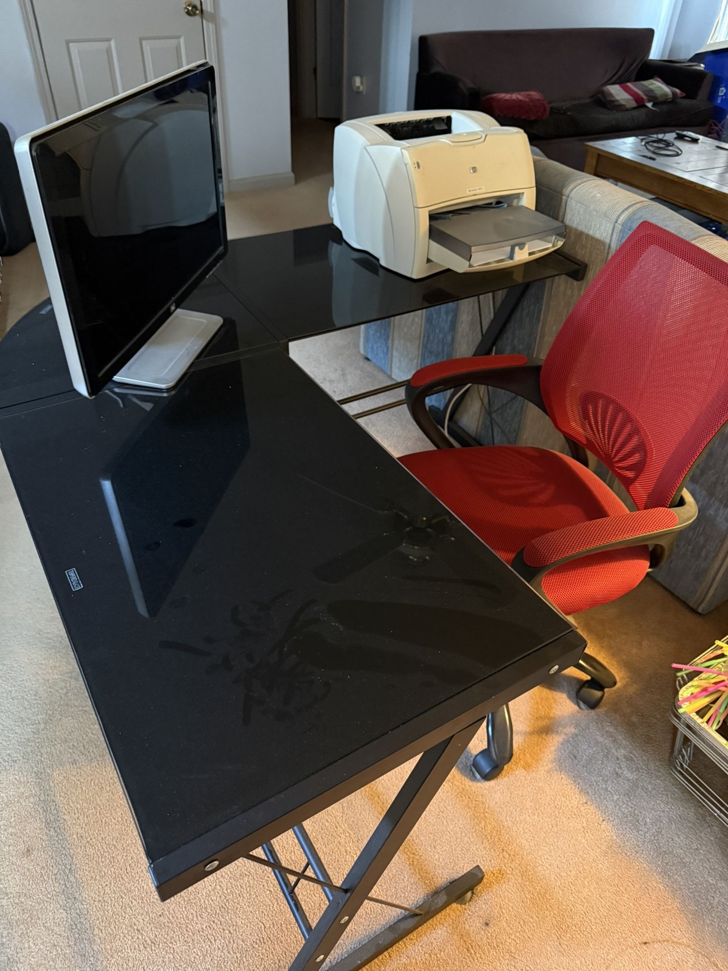 L-Shaped Computer And Printer Glass Top Desk